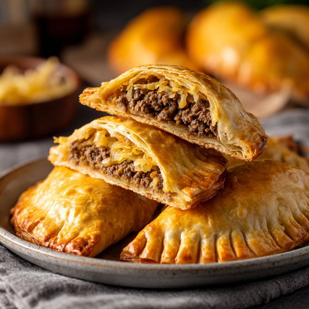 Knusprige Rindfleisch-Empanadas mit Sauerkraut: Ein Querschnitt zeigt die saftige Füllung aus Rindfleisch und Sauerkraut, perfekt gebacken.