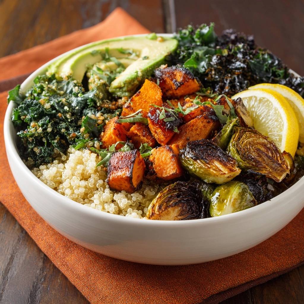 Knusprige Rosenkohl Power Bowl Draufsicht 1 Knusprige Rosenkohl-Power-Bowl mit knusprigem Gemüse, Avocado und Quinoa, serviert in einer weißen Schüssel von oben gesehen.