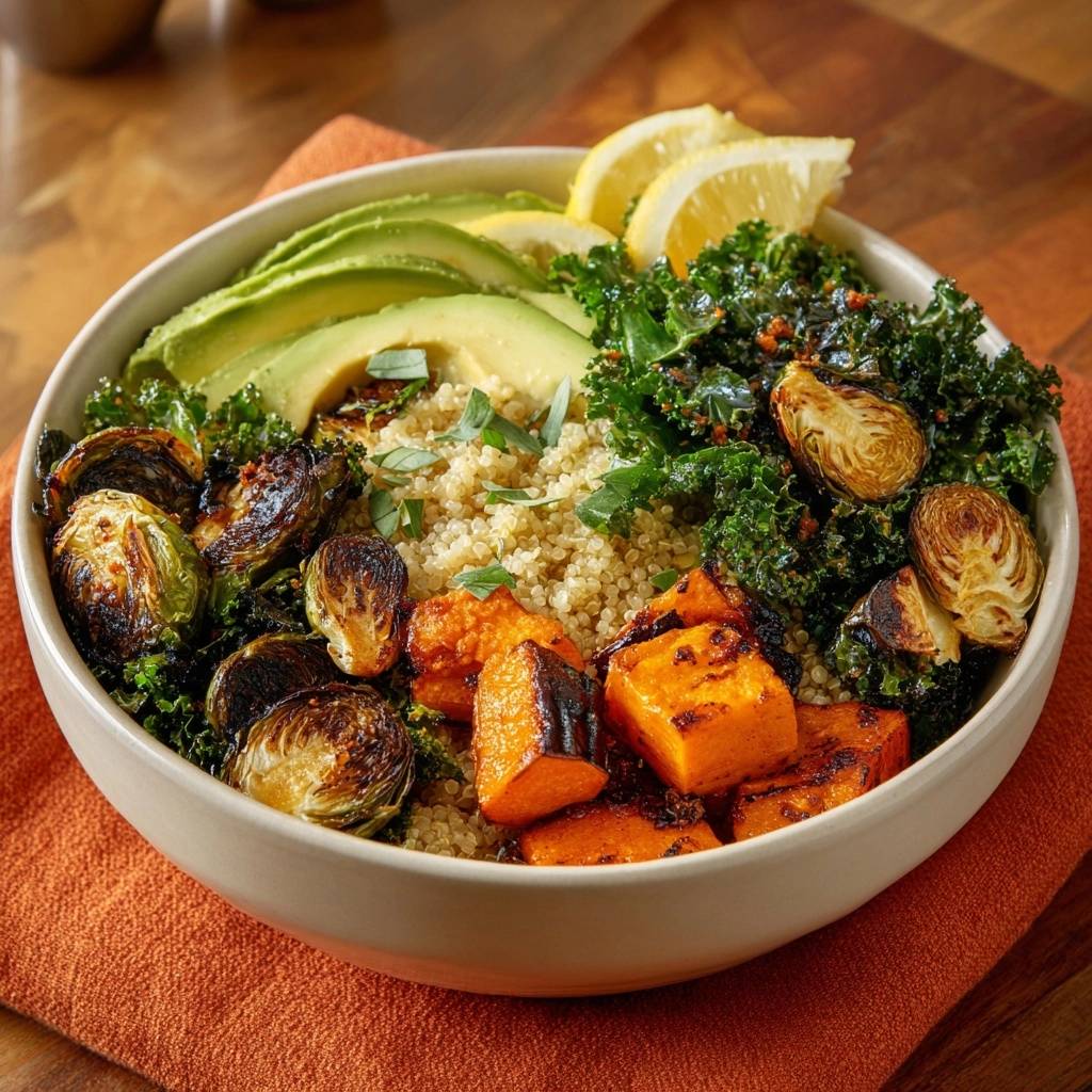 Knusprige Rosenkohl-Power-Bowl mit knusprigem Rosenkohl, Avocado, Süßkartoffeln und Quinoa in einer Schüssel aus der Vogelperspektive.