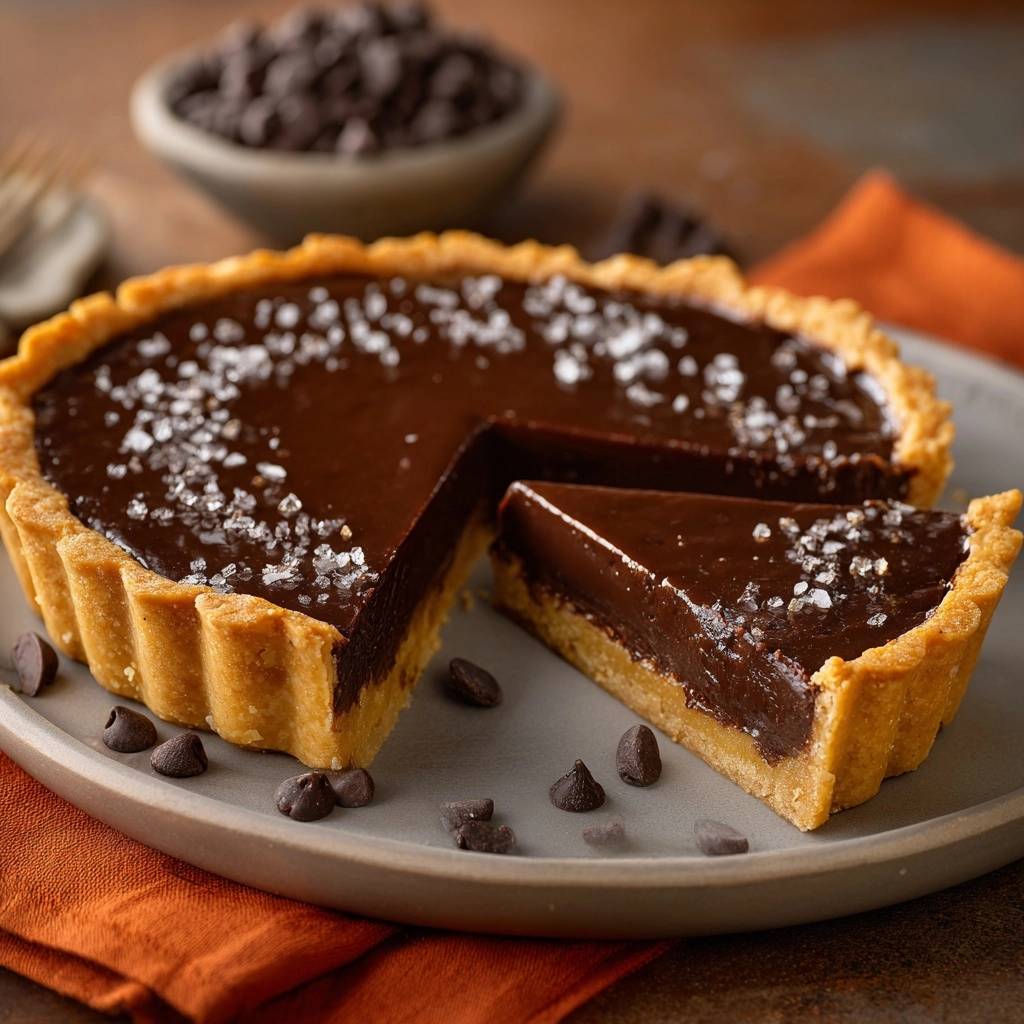 Knusprige Schoko Salz Tarte Querschnitt 1 Knusprige Schoko-Salz-Tarte mit Anschnitt, der die cremige Schokoladenfüllung und den knusprigen Boden zeigt, garniert mit Meersalz.