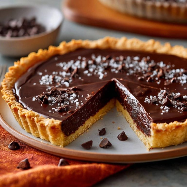 Knusprige Schoko-Salz-Tarte mit Anschnitt, der die cremige Schokoladenfüllung und den knusprigen Boden zeigt, garniert mit Meersalz.