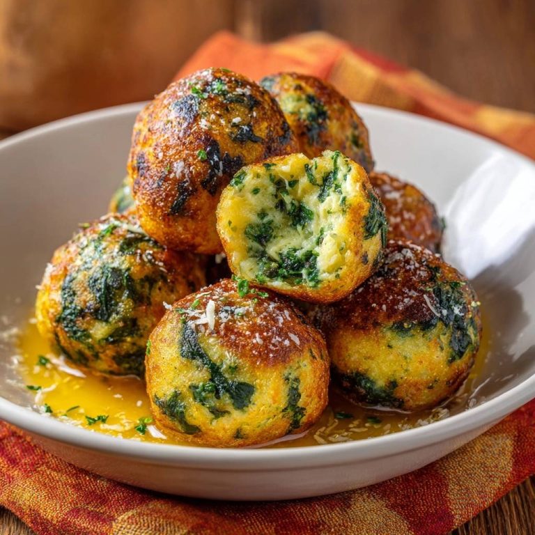 Knusprige Spinat-Käse-Bällchen zeigen hier einen aufgeschnittenen Ball, der das weiche grüne Innere mit Spinat und Käse enthüllt.