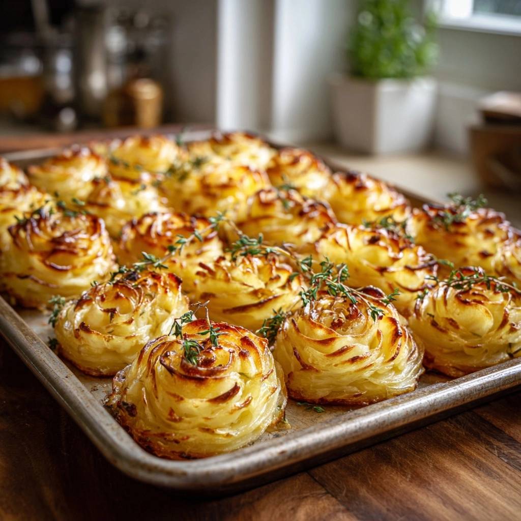 Knusprige Thymian-Kartoffelrosen, frisch gebacken und auf einem Backblech angerichtet, bereit zum Servieren. Die knusprigen Kartoffelrosen sind mit Thymian garniert.