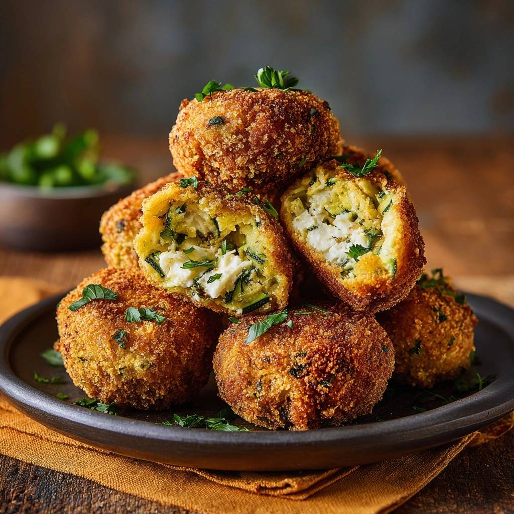 Knusprige Zucchini-Feta-Bällchen mit einem Blick auf den köstlichen Querschnitt, der die cremige Feta-Zubereitung zeigt.