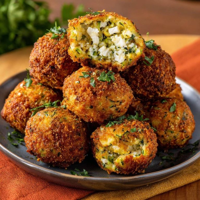 Knusprige Zucchini-Feta-Bällchen, die einen Blick auf den cremigen Feta-Käse und das Zucchinigrüns freigeben, serviert auf einem rustikalen Teller.