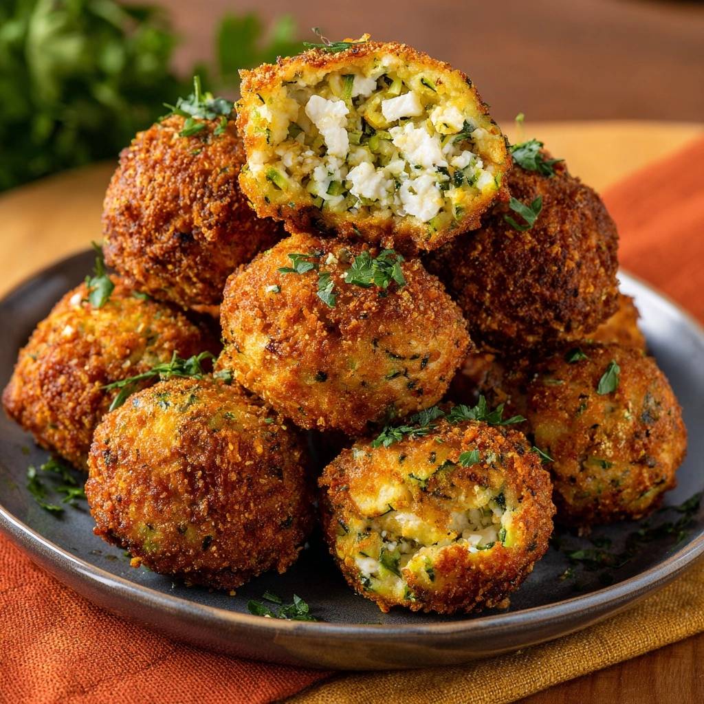 Knusprige Zucchini-Feta-Bällchen, die einen Blick auf den cremigen Feta-Käse und das Zucchinigrüns freigeben, serviert auf einem rustikalen Teller.