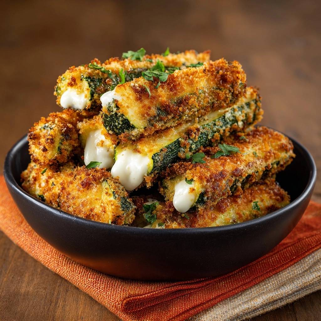 Knusprige Zucchini-Käse-Sticks im Nahaufnahme-Querschnitt, der den geschmolzenen Käse und die knusprige Panade zeigt.