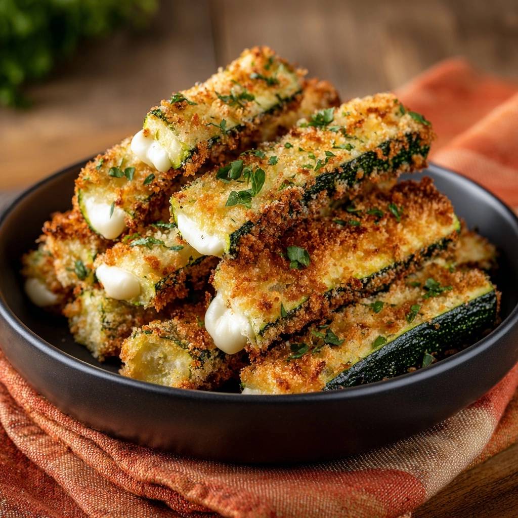 Knusprige Zucchini-Käse-Sticks im Nahaufnahme mit einem Querschnitt, der den geschmolzenen Käse zeigt, serviert in einer schwarzen Schüssel.