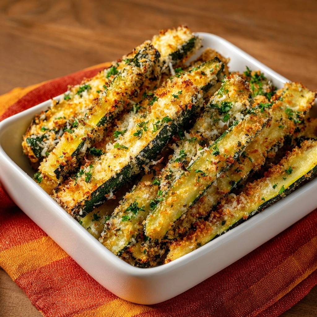 Knusprige Zucchini-Sticks, serviert in einer weißen Schüssel, präsentiert auf einem dekorativen, farbenfrohen Untersetzer für ein appetitliches Gericht.