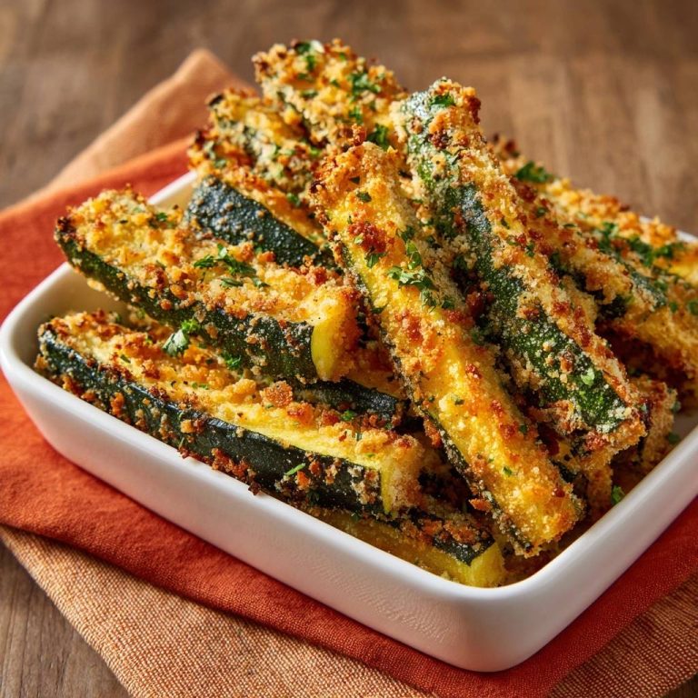 Knusprige Zucchini-Sticks, serviert in einer weißen Schale, sind ein köstlicher Snack. Die knusprige Panade umschließt die saftigen Zucchinistreifen.