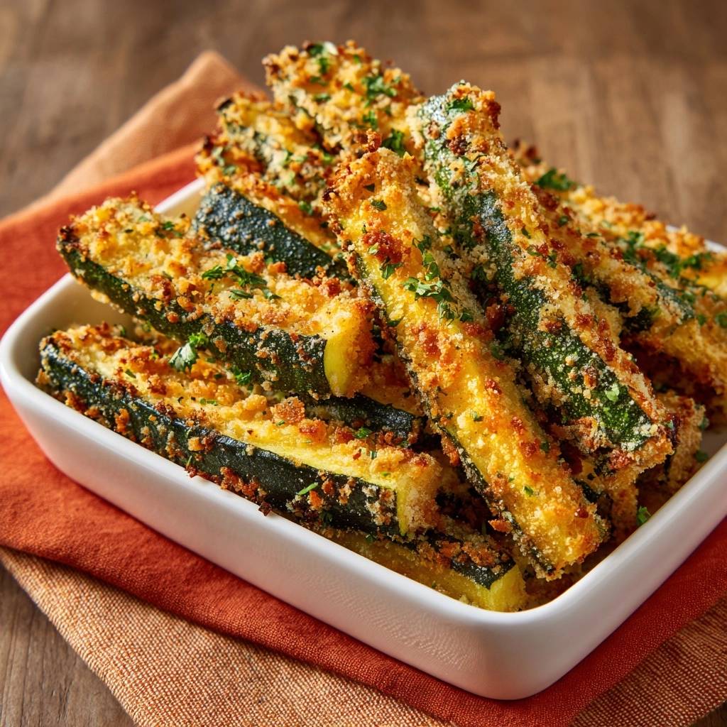 Knusprige Zucchini-Sticks, serviert in einer weißen Schale, sind ein köstlicher Snack. Die knusprige Panade umschließt die saftigen Zucchinistreifen.