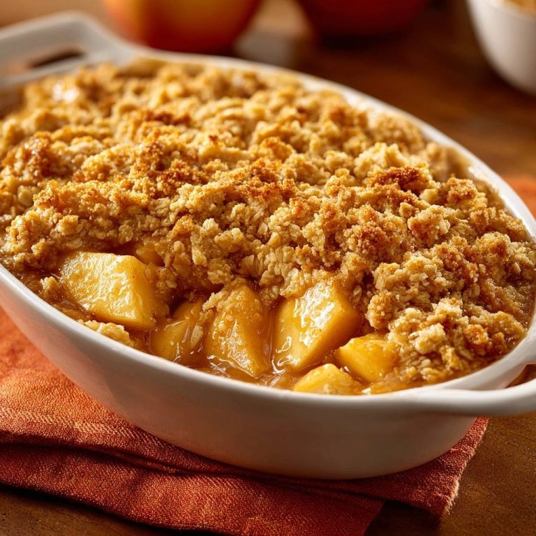 Knuspriger Apfel-Crumble in einer weißen Auflaufform, mit goldbrauner Kruste und saftigen Äpfeln in einer köstlichen Nahaufnahme von oben.