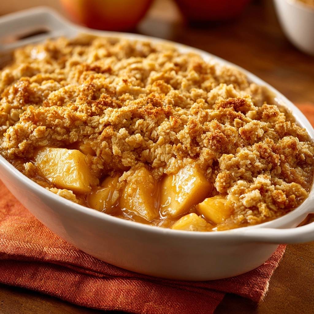 Knuspriger Apfel-Crumble in einer weißen Auflaufform, mit goldbrauner Kruste und saftigen Äpfeln in einer köstlichen Nahaufnahme von oben.
