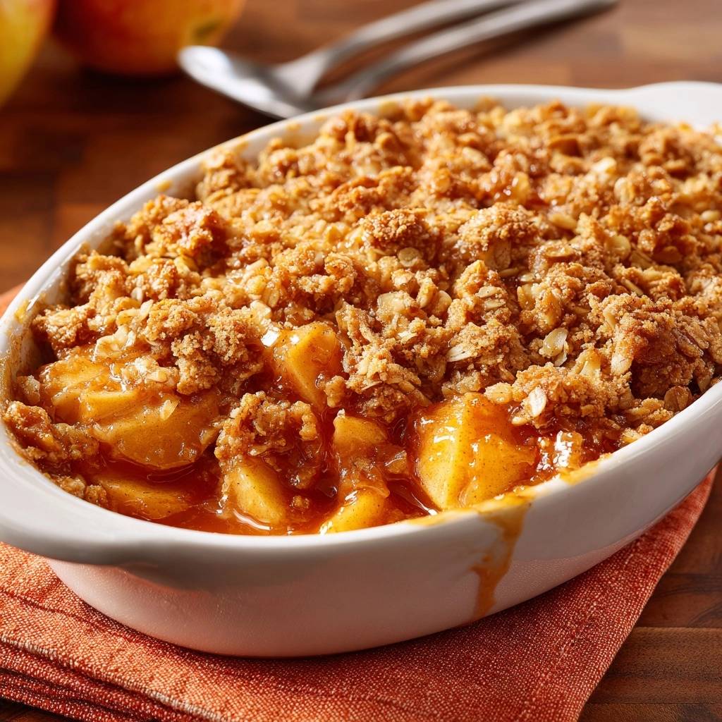 Knuspriger Apfel Crumble Nahaufnahme 1 Knuspriger Apfel-Crumble: Nahaufnahme der knusprigen Streusel und saftigen Apfelstücke in einer Auflaufform. Ein köstliches Dessert, perfekt gebacken und servierfertig.