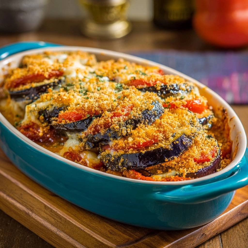 Knuspriger Auberginenauflauf in Nahaufnahme: Schichtweise mit Auberginen, Tomaten und knusprigen Bröseln im Ofen gebacken.