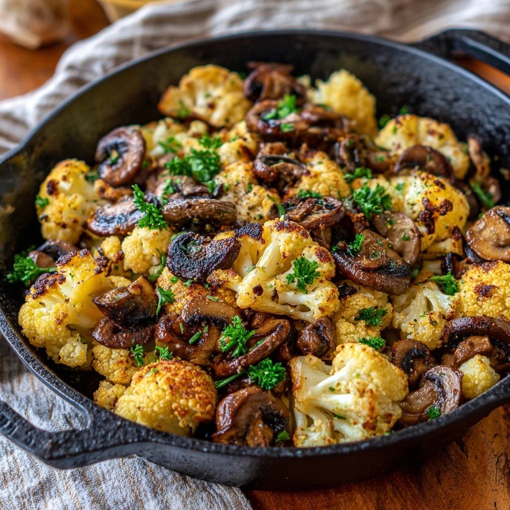 Knuspriger Blumenkohl Mit Champignons Draufsicht 1 2 Knuspriger Blumenkohl mit Champignons, serviert in einer gusseisernen Pfanne, aus der Vogelperspektive gesehen und mit frischer Petersilie garniert.