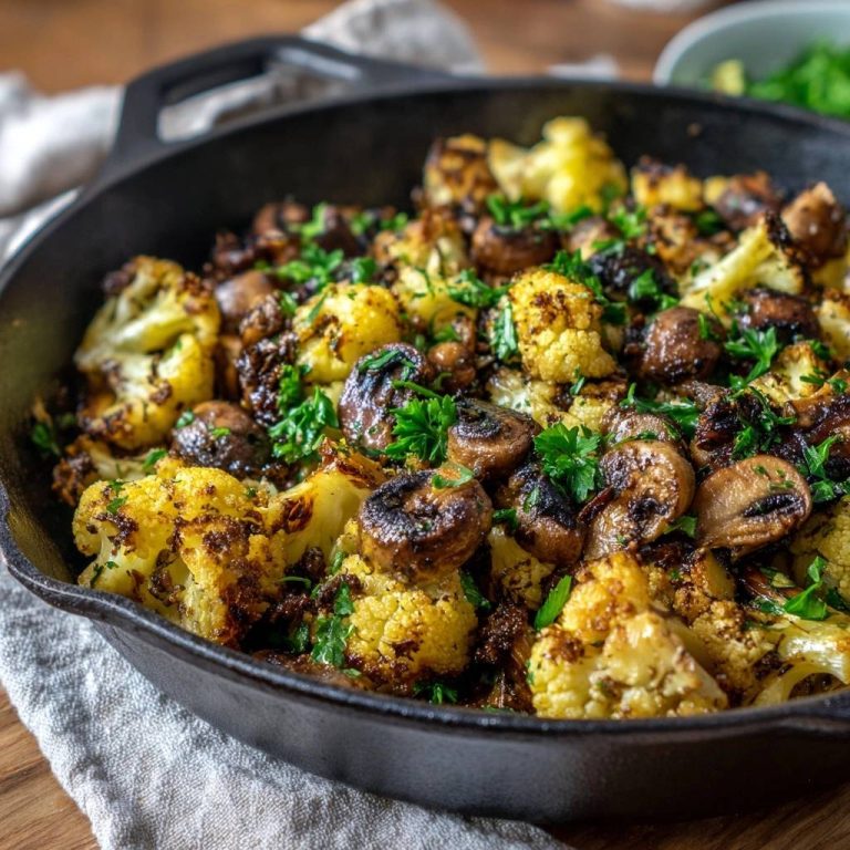 Knuspriger Blumenkohl mit Champignons in einer gusseisernen Pfanne serviert, garniert mit frischer Petersilie und von oben aufgenommen.
