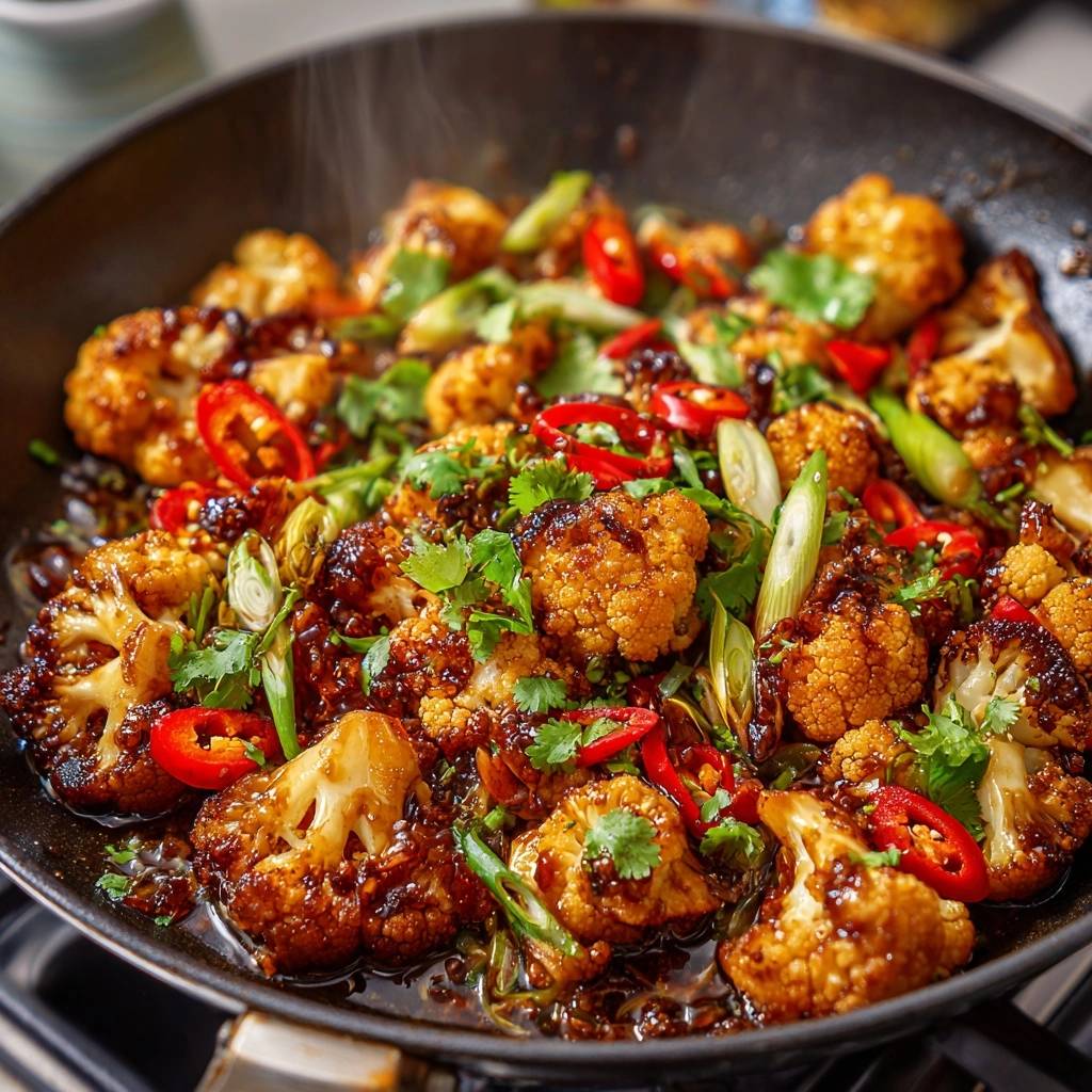 Knuspriger Chili-Blütenkohl-Wok in einer Pfanne von oben betrachtet, dampfend und mit frischen Kräutern garniert. Ein schnelles veganes Gericht in 30 Minuten.