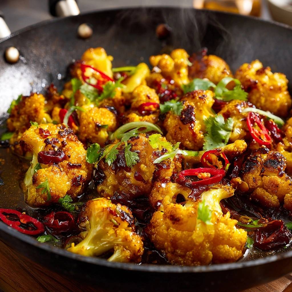 Knuspriger Chili-Blütenkohl-Wok in einer Nahaufnahme, garniert mit frischen Kräutern und Chili-Ringen. Der vegane Wok-Klassiker dampft verführerisch.