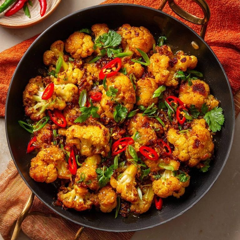 Knuspriger Chili-Blumenkohl-Wok in einer Pfanne, garniert mit frischer Petersilie, Chilischoten und Frühlingszwiebeln, aus der Vogelperspektive betrachtet.