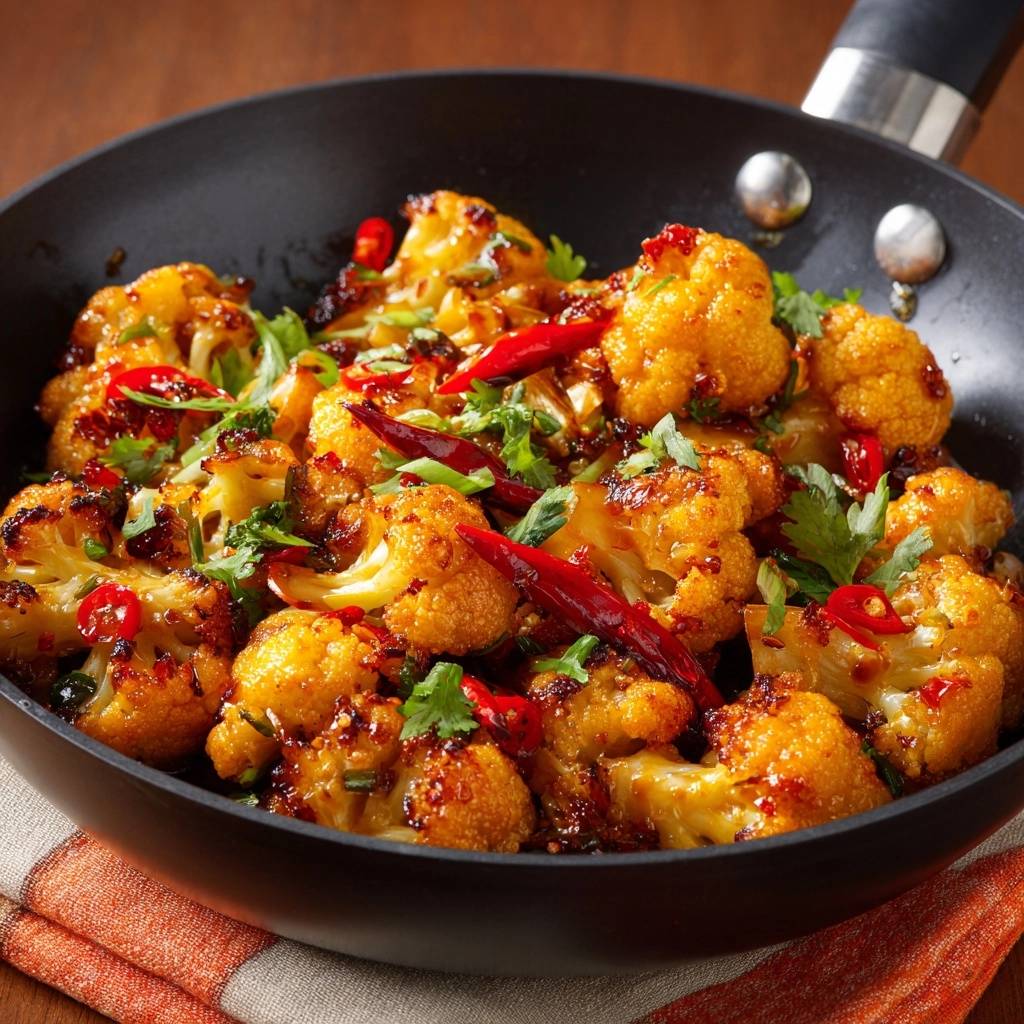 Knuspriger Chili Blumenkohl Wok Nahaufnahme 1 Knuspriger Chili-Blumenkohl-Wok in der Pfanne, mit frischen Kräutern und roten Chilischoten garniert, zeigt eine köstliche Nahaufnahme.