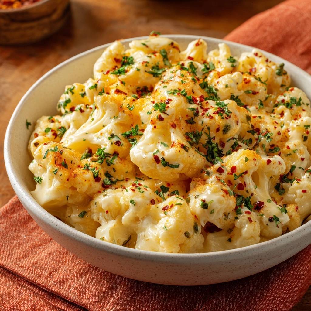 Knuspriger gerösteter Blumenkohl in einer Schüssel, mit Käse, Petersilie und Chiliflocken garniert.