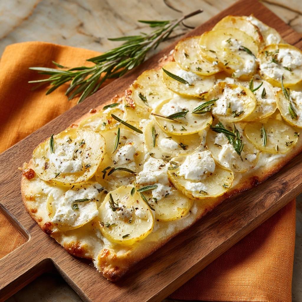 Knuspriger Kartoffel-Rosmarin-Fladen, von oben fotografiert, belegt mit Kartoffelscheiben, Ricotta und duftendem Rosmarin. Der Fladen wird auf einem Holzbrett serviert.