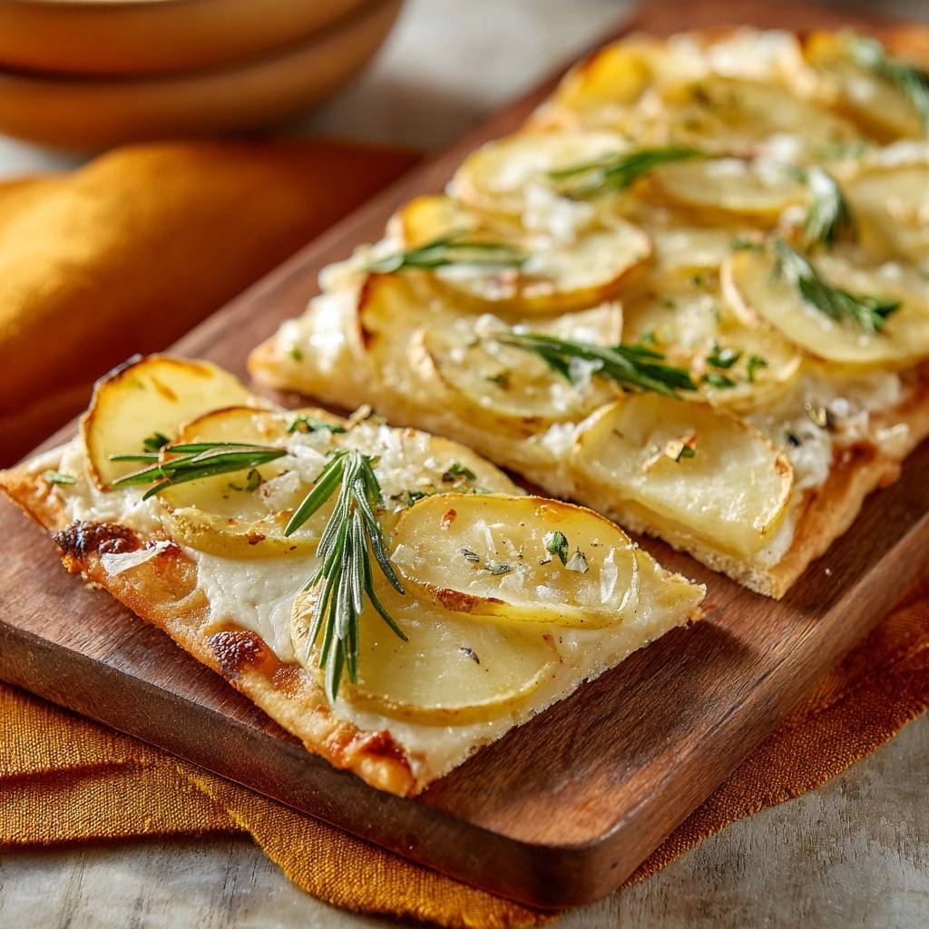 Knuspriger Kartoffel-Rosmarin-Fladen serviert auf einem Holzbrett, garniert mit frischem Rosmarin und Kräutern. Die knusprige Kruste und die goldbraunen Kartoffelscheiben laden zum Genießen ein.