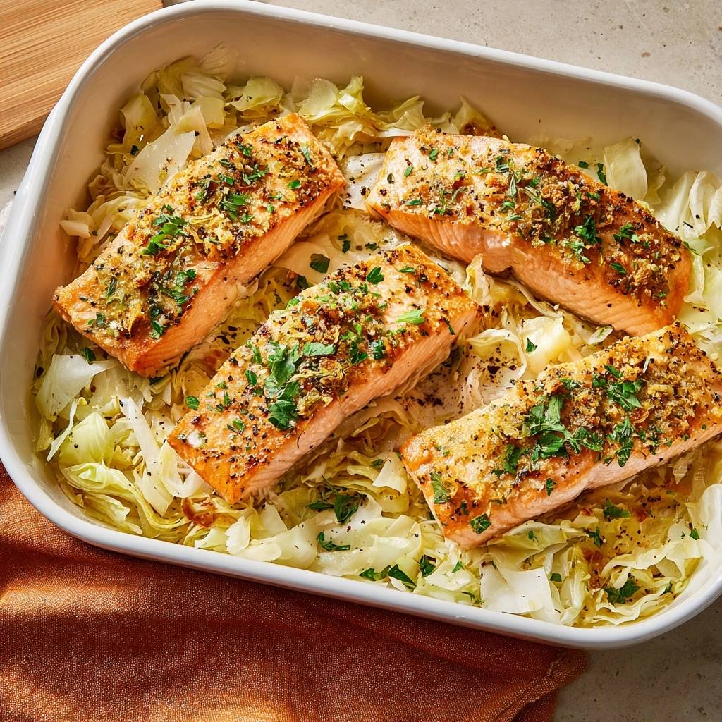 Knuspriger Kräuter-Lachs auf Sauerkraut-Bett in einer Auflaufform, serviert als Draufsicht mit knuspriger Kruste und frischen Kräutern.