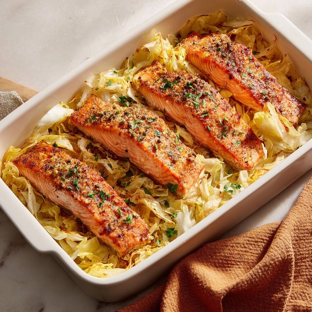 Knuspriger Kräuter-Lachs auf Sauerkraut-Bett in einer Auflaufform, von oben betrachtet, mit frischen Kräutern garniert.
