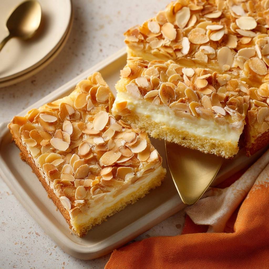 Knuspriger Mandel-Quark-Blechkuchen in Nahaufnahme, mit einem saftigen Querschnitt, der die cremige Quarkfüllung und den knusprigen Mandelbelag zeigt.