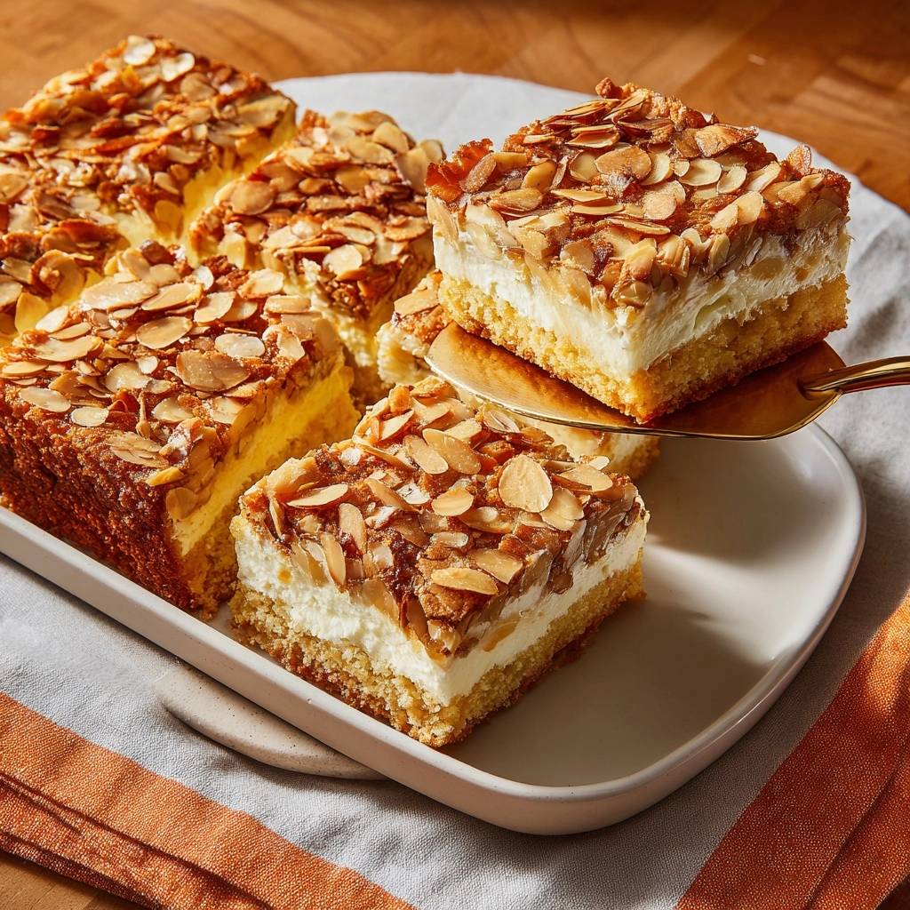 Knuspriger Mandel-Quark-Blechkuchen: Ein detailreicher Querschnitt zeigt die saftigen Schichten mit Mandelsplittern und cremigem Quark.
