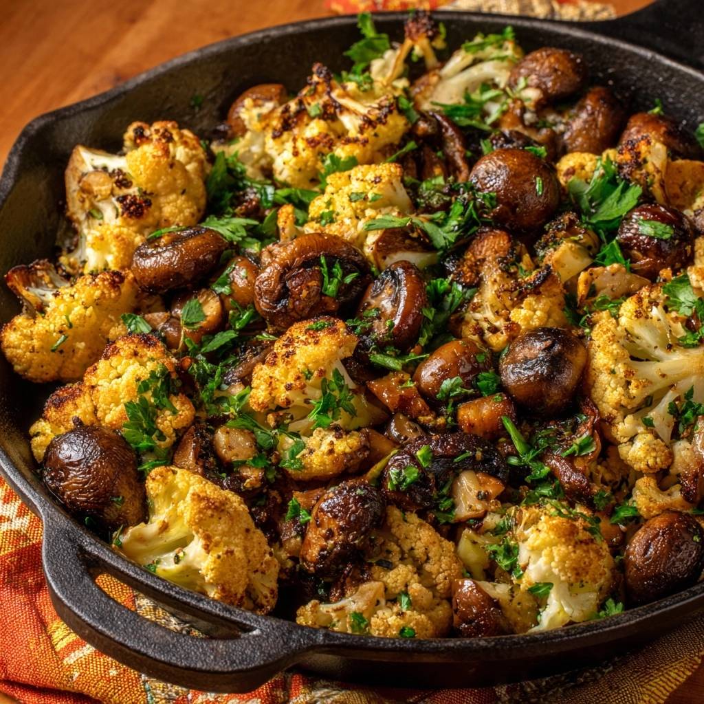 Knuspriger Ofen-Blütenkohl mit Champignons in einer gusseisernen Pfanne, garniert mit frischer Petersilie, aus der Vogelperspektive.