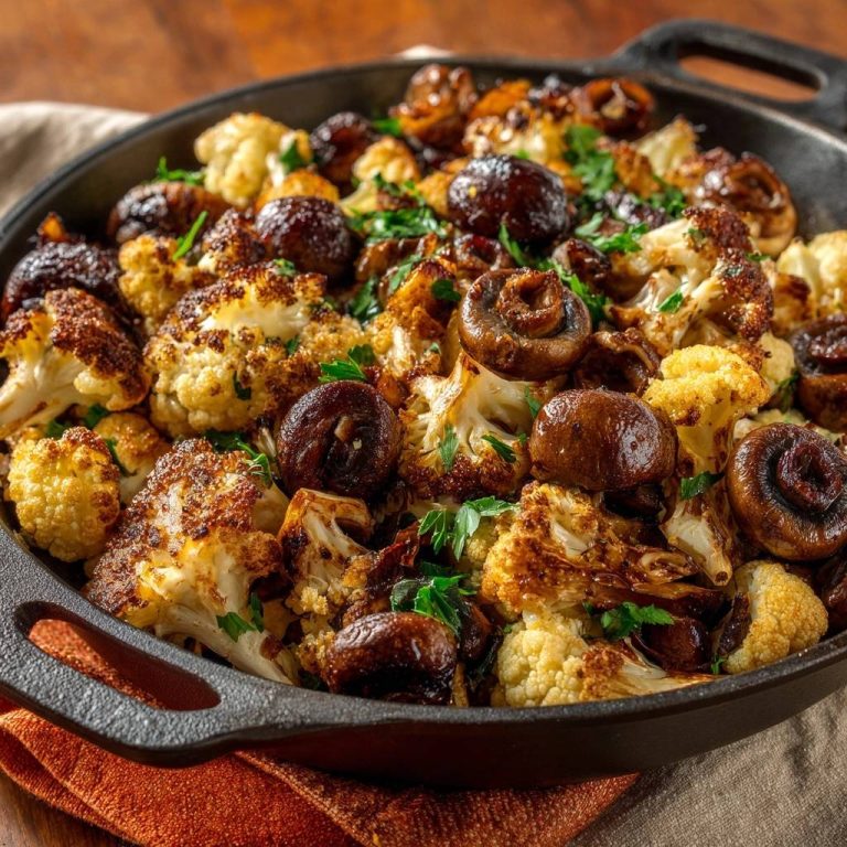 Knuspriger Ofen-Blütenkohl mit Champignons in einer gusseisernen Pfanne, garniert mit frischer Petersilie und von oben fotografiert.
