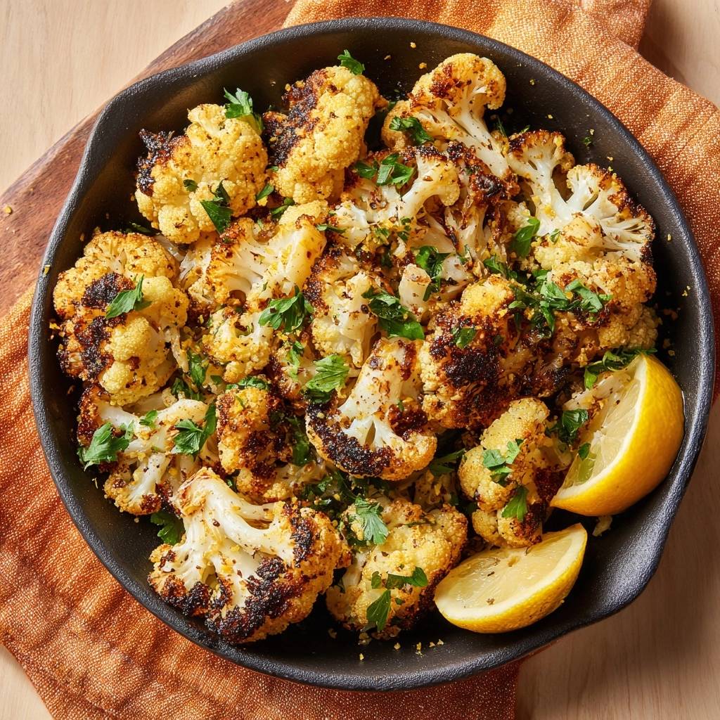 Knuspriger Parmesan Bluetenkohl Aus Der Pfanne Draufsicht 1 Knuspriger Parmesan-Blütenkohl aus der Pfanne in einer Gusseisenpfanne serviert, garniert mit frischer Petersilie und Zitronenspalten.