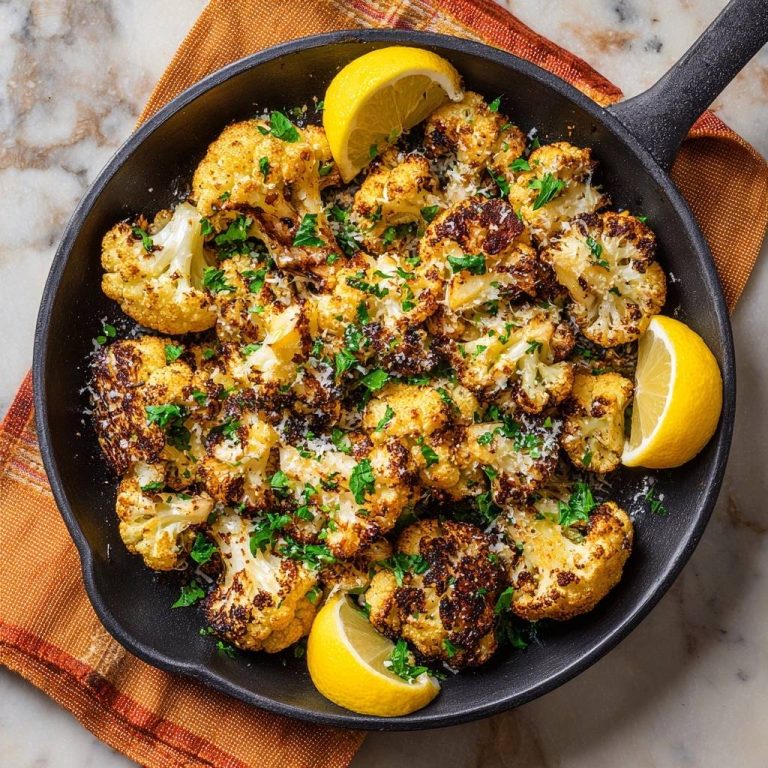 Knuspriger Parmesan-Blütenkohl aus der Pfanne in einer Gusseisenpfanne serviert, garniert mit frischer Petersilie und Zitronenspalten.
