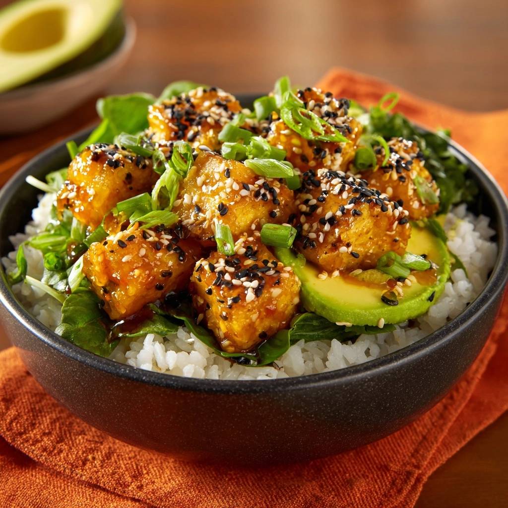 Knuspriger Sesam Tofu Bowl Detail Garniert 1 Knuspriger Sesam-Tofu-Bowl, nahaufnahme der Garnitur mit Sesam und Frühlingszwiebeln auf Reis und Avocado.