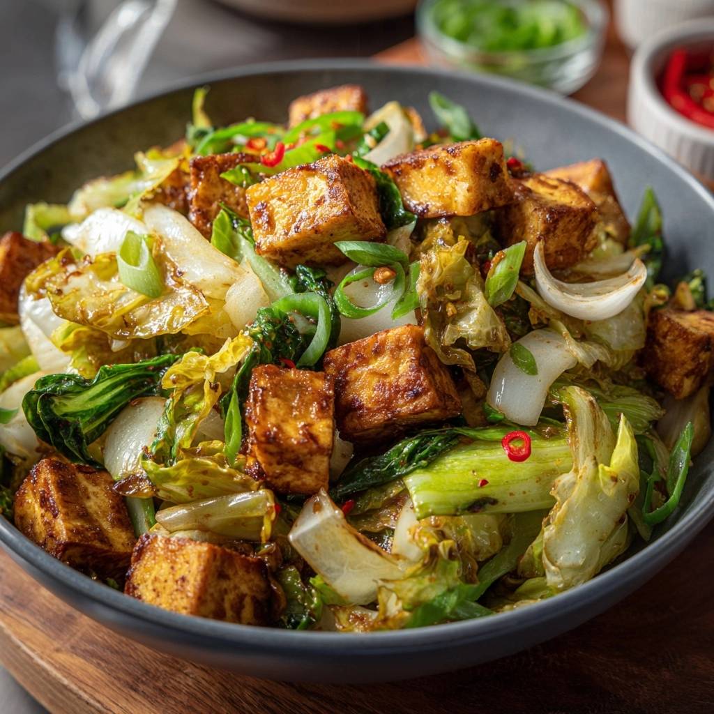Knuspriger Tofu Mit Pak Choi Draufsicht 1 Knuspriger Tofu mit Pak Choi in einer Schüssel serviert, mit frischen Frühlingszwiebeln und Chili garniert. Dieses Gericht ist ein wahrer Genuss.