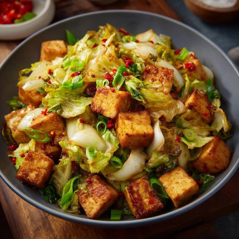 Knuspriger Tofu mit Pak Choi von oben: Eine farbenfrohe Draufsicht auf das gebratene Gericht mit knusprigem Tofu und frischem Gemüse.