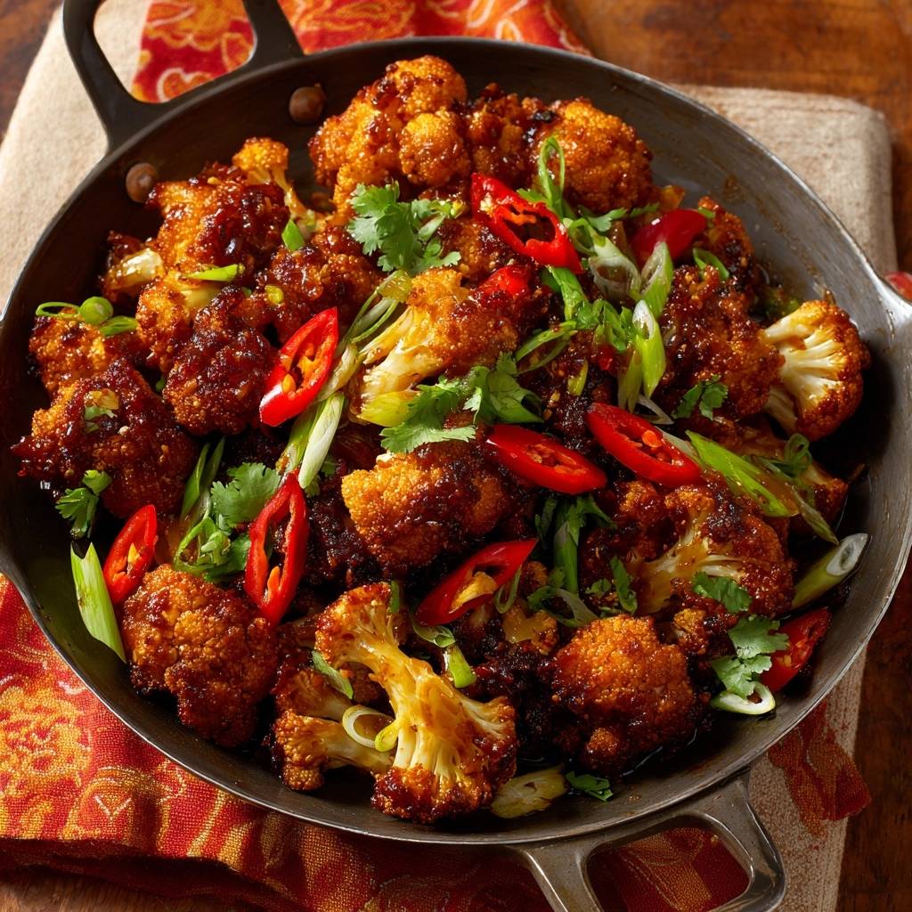 Knuspriger Wok-Blumenkohl mit Chili, garniert mit frischen Chiliringen, Lauchzwiebeln und Koriander, in einer großen Pfanne serviert.