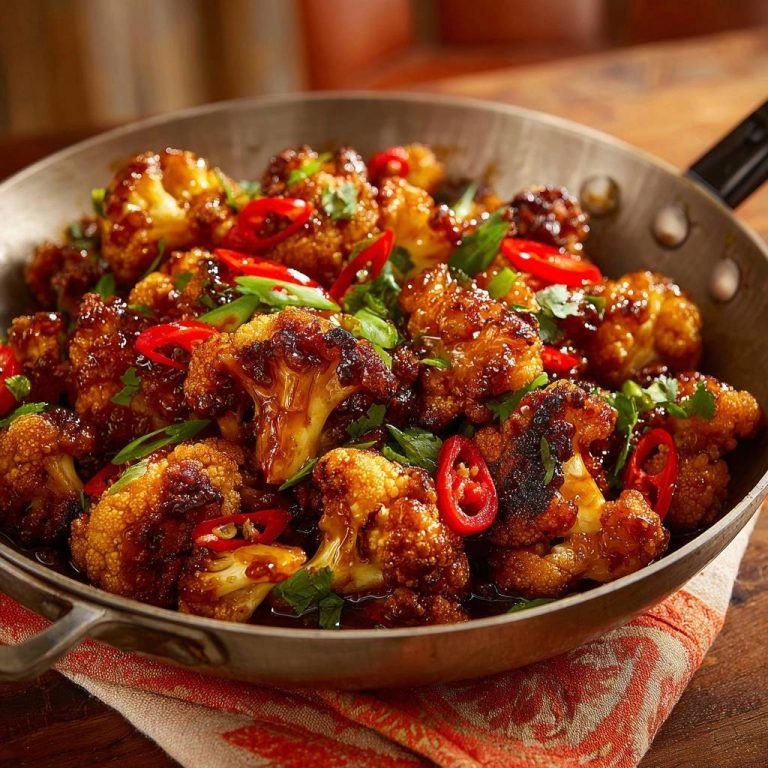 Knuspriger Wok-Blumenkohl mit Chili, garniert mit frischen Kräutern und Chili-Ringen, serviert in einer Pfanne auf einem Holztisch.
