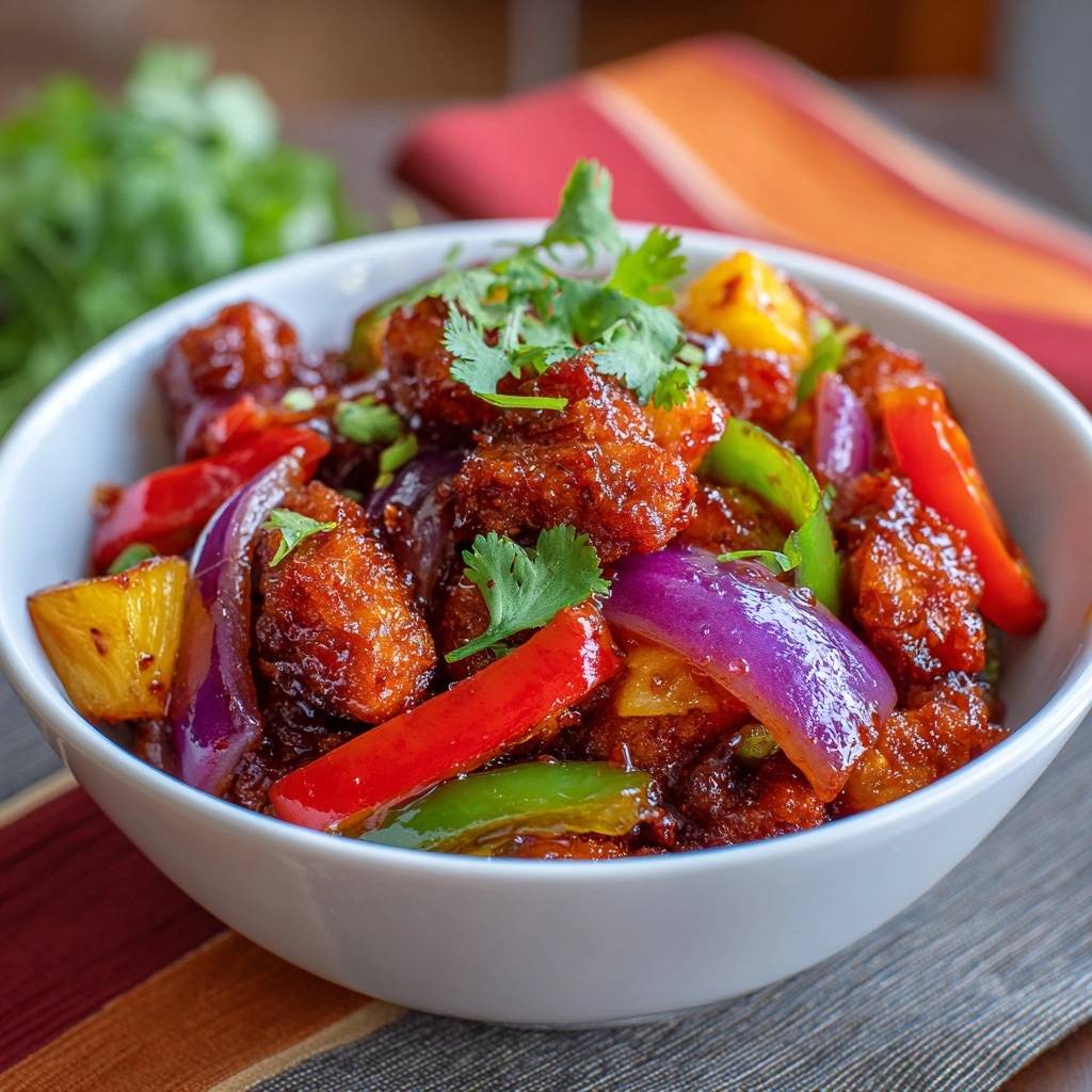 Knuspriges Ananas Huhn Nahaufnahme Serviert 1 Knuspriges Ananas-Hähnchen in einer Schüssel serviert, mit Paprika, Zwiebeln und Ananasstücken sowie frischen Kräutern garniert.