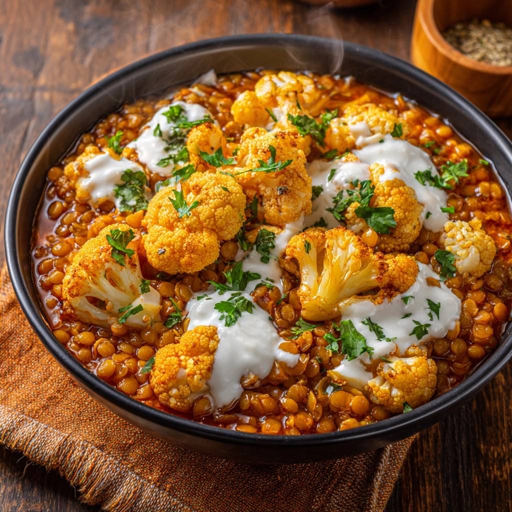 Knuspriges Blumenkohl-Linsen-Curry, serviert in einer tiefen Schüssel, mit frischen Kräutern und cremiger Sauce garniert.