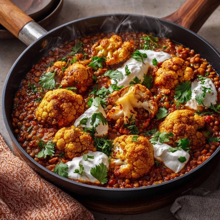 Knuspriges Blumenkohl-Linsen-Curry mit knusprigem Blumenkohl und cremiger Joghurt-Garnitur, serviert in einer Pfanne von oben.
