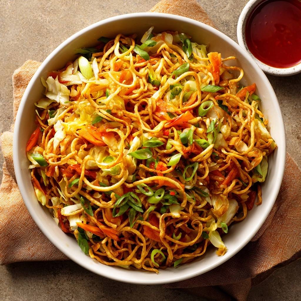 Knuspriges Gemuese Chow Mein Draufsicht 1 Knuspriges Gemüse-Chow Mein, serviert in einer Schüssel, mit frischen Frühlingszwiebeln garniert und von oben fotografiert. Dazu ein Schälchen Soße.
