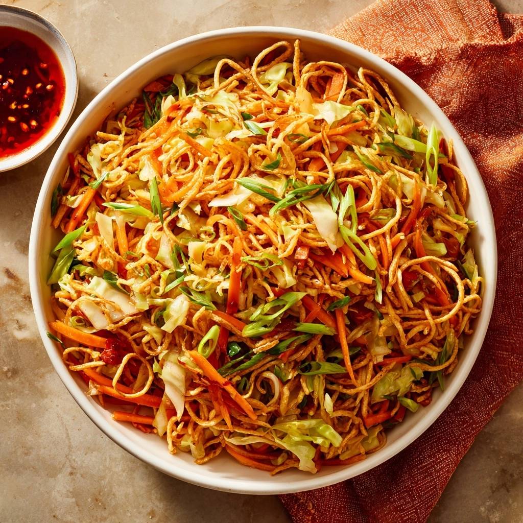 Knuspriges Gemüse-Chow Mein, serviert in einer großen Schüssel, mit knackigem Gemüse und knusprigen Nudeln von oben betrachtet.