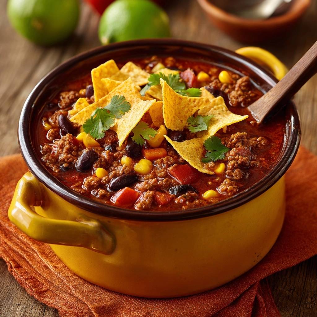 Knuspriges Hack-Chili mit Bohnen & Mais, serviert in einer rustikalen Schüssel, garniert mit Tortilla-Chips und frischem Koriander.
