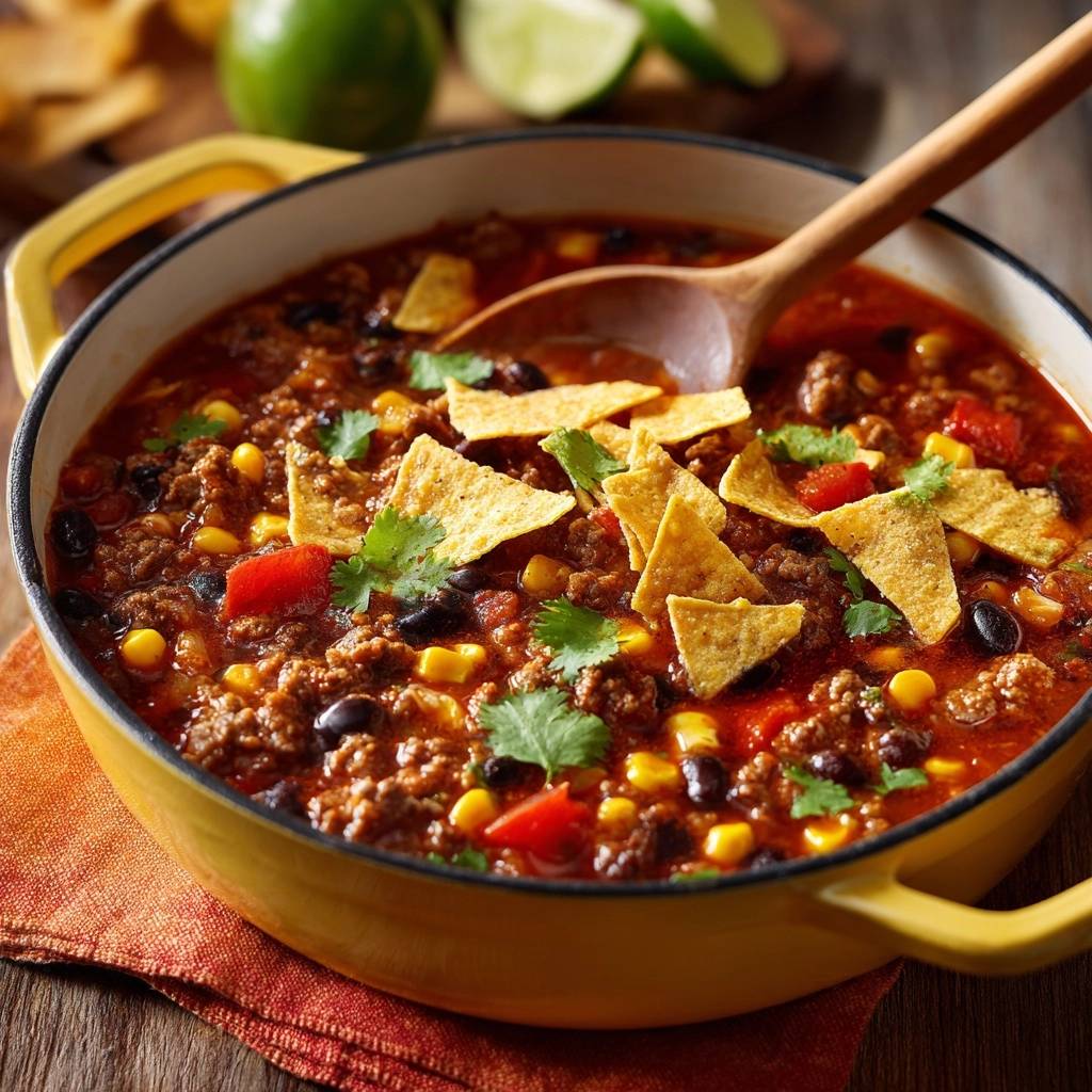 Knuspriges Hack-Chili mit Bohnen & Mais, serviert in einer gelben Auflaufform, garniert mit Tortilla-Chips und frischem Koriander.