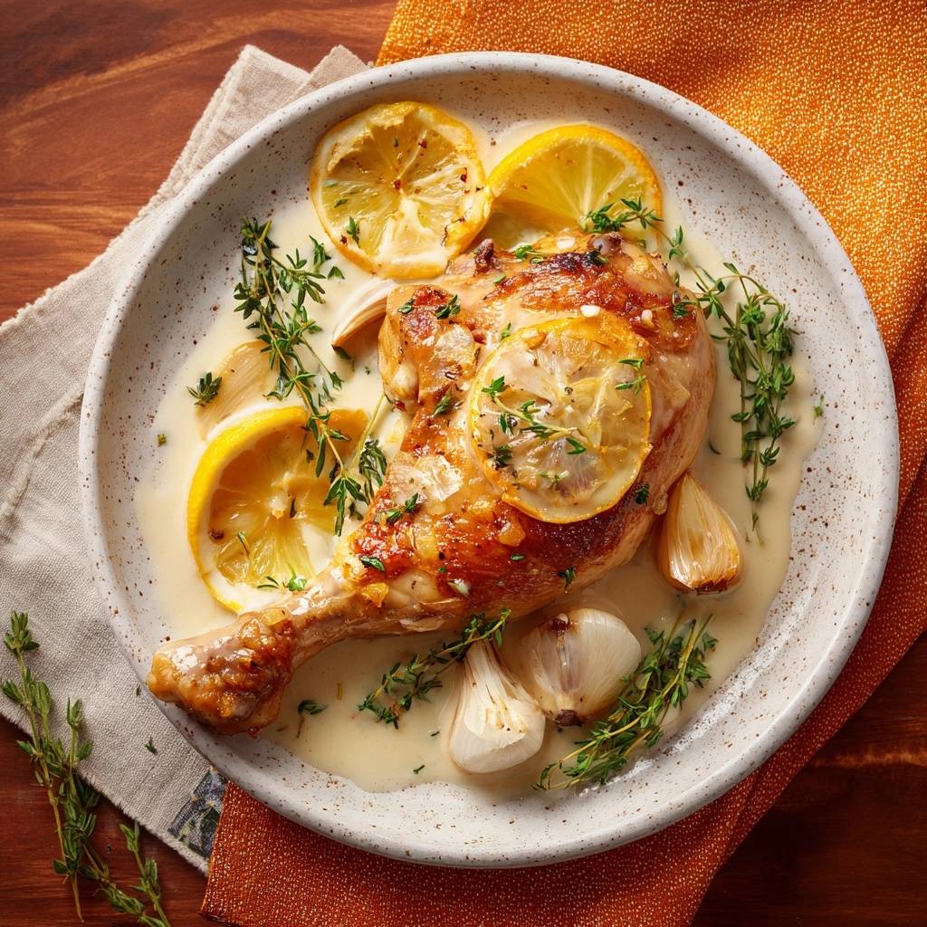 Knuspriges Hahnchen Mit Zitronen Thymian Sauce Serviert 1 Knuspriges Hähnchen mit Zitronen-Thymian-Sauce serviert auf einem Teller, garniert mit Zitronenscheiben, Knoblauch und frischem Thymian.