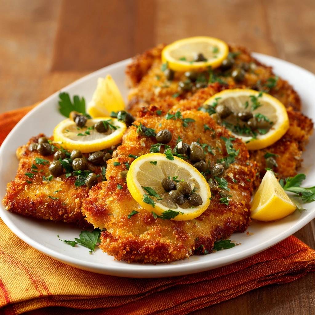 Knuspriges Hähnchenschnitzel mit Kapern-Zitrone, serviert auf einem weißen Teller, garniert mit Zitronenscheiben und Kapern, bereit zum Genießen.